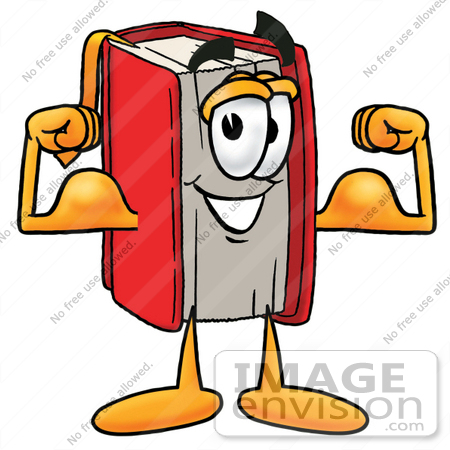 #22558 Clip Art Graphic of a Book Cartoon Character Flexing His Arm Muscles by toons4biz