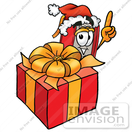 #22563 Clip Art Graphic of a Book Cartoon Character Standing by a Christmas Present by toons4biz