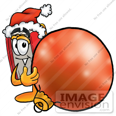 #22566 Clip Art Graphic of a Book Cartoon Character Wearing a Santa Hat, Standing With a Christmas Bauble by toons4biz