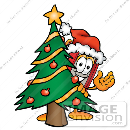 #22567 Clip Art Graphic of a Book Cartoon Character Waving and Standing by a Decorated Christmas Tree by toons4biz
