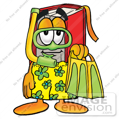 #22569 Clip Art Graphic of a Book Cartoon Character in Green and Yellow Snorkel Gear by toons4biz
