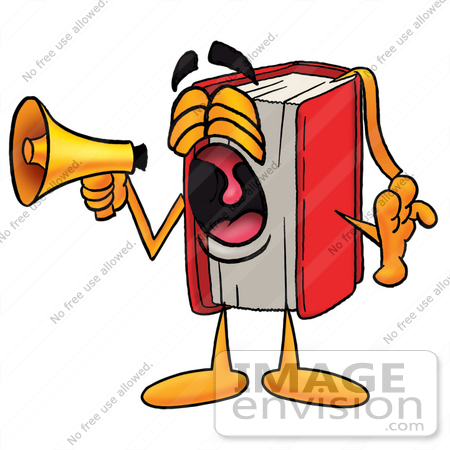 #22570 Clip Art Graphic of a Book Cartoon Character Screaming Into a Megaphone by toons4biz