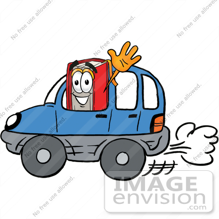 #22575 Clip Art Graphic of a Book Cartoon Character Driving a Blue Car and Waving by toons4biz
