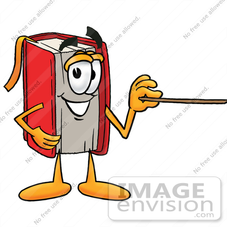 #22582 Clip Art Graphic of a Book Cartoon Character Holding a Pointer Stick by toons4biz
