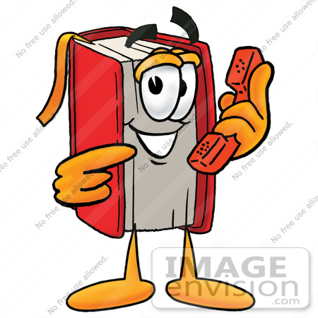 #22588 Clip Art Graphic of a Book Cartoon Character Holding a Telephone by toons4biz