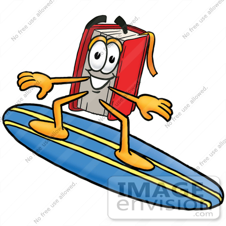 #22592 Clip Art Graphic of a Book Cartoon Character Surfing on a Blue and Yellow Surfboard by toons4biz