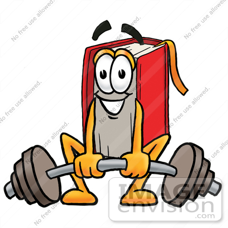 #22593 Clip Art Graphic of a Book Cartoon Character Lifting a Heavy Barbell by toons4biz
