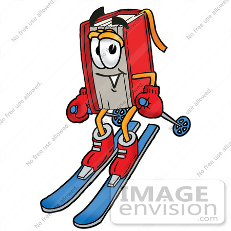 #22612 Clip Art Graphic of a Book Cartoon Character Skiing Downhill by toons4biz