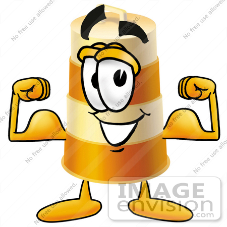 #22617 Clip art Graphic of a Construction Road Safety Barrel Cartoon Character Flexing His Arm Muscles by toons4biz