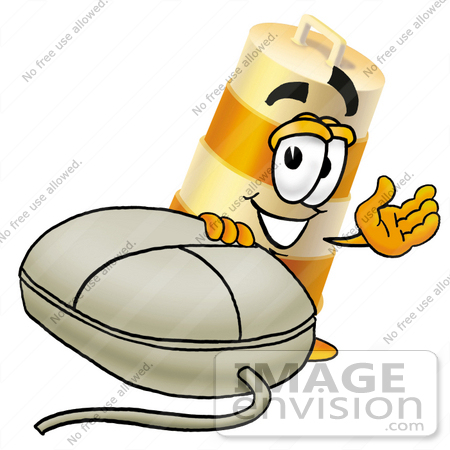 #22621 Clip art Graphic of a Construction Road Safety Barrel Cartoon Character With a Computer Mouse by toons4biz