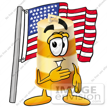 #22630 Clip art Graphic of a Construction Road Safety Barrel Cartoon Character Pledging Allegiance to an American Flag by toons4biz