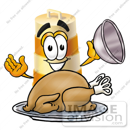 #22631 Clip art Graphic of a Construction Road Safety Barrel Cartoon Character Serving a Thanksgiving Turkey on a Platter by toons4biz