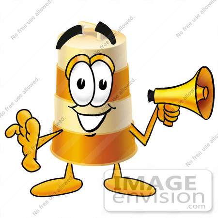 #22633 Clip art Graphic of a Construction Road Safety Barrel Cartoon Character Holding a Megaphone by toons4biz