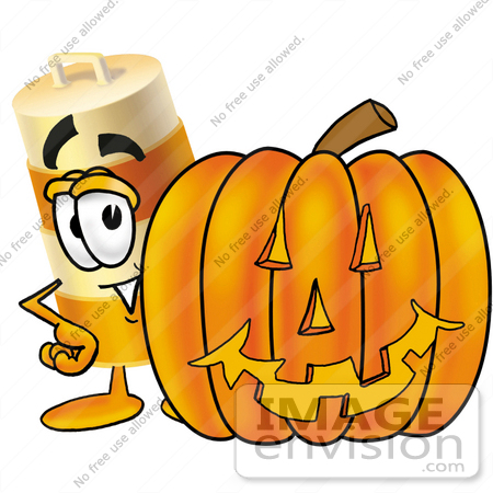 #22634 Clip art Graphic of a Construction Road Safety Barrel Cartoon Character With a Carved Halloween Pumpkin by toons4biz