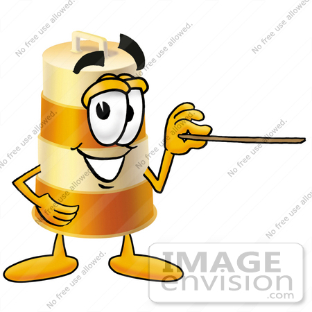 #22636 Clip art Graphic of a Construction Road Safety Barrel Cartoon Character Holding a Pointer Stick by toons4biz
