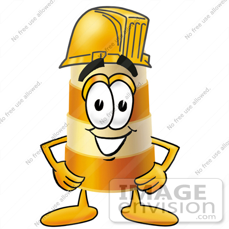 #22637 Clip art Graphic of a Construction Road Safety Barrel Cartoon Character Wearing a Helmet by toons4biz