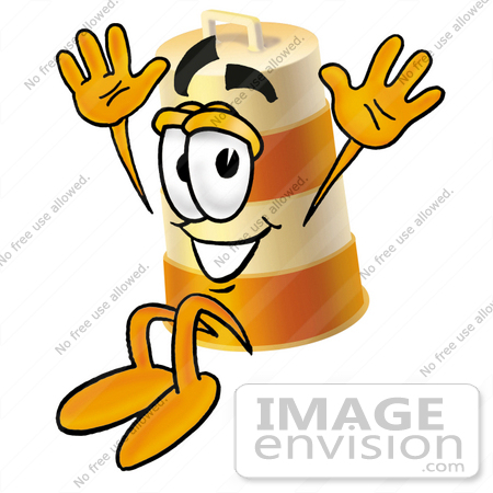 #22638 Clip art Graphic of a Construction Road Safety Barrel Cartoon Character Jumping by toons4biz