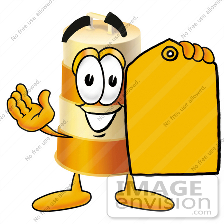 #22639 Clip art Graphic of a Construction Road Safety Barrel Cartoon Character Holding a Yellow Sales Price Tag by toons4biz