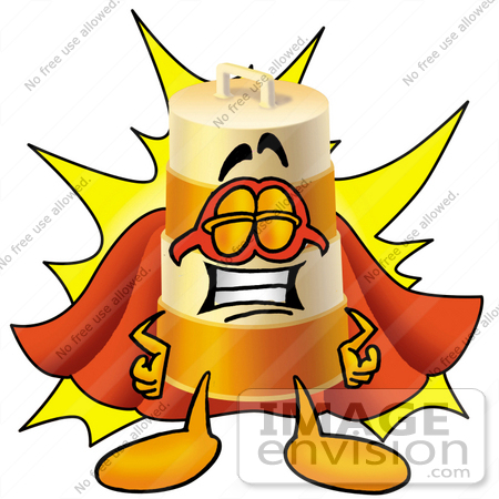 #22641 Clip art Graphic of a Construction Road Safety Barrel Cartoon Character Dressed as a Super Hero by toons4biz