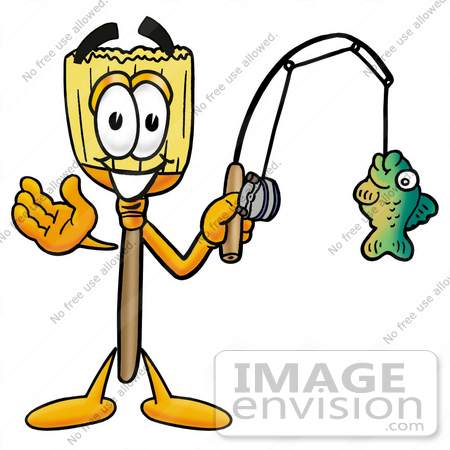 #22644 Clip Art Graphic of a Straw Broom Cartoon Character Holding a Fish on a Fishing Pole by toons4biz