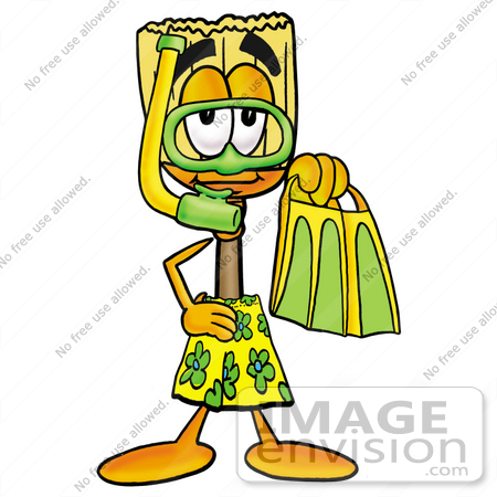 #22645 Clip Art Graphic of a Straw Broom Cartoon Character in Green and Yellow Snorkel Gear by toons4biz