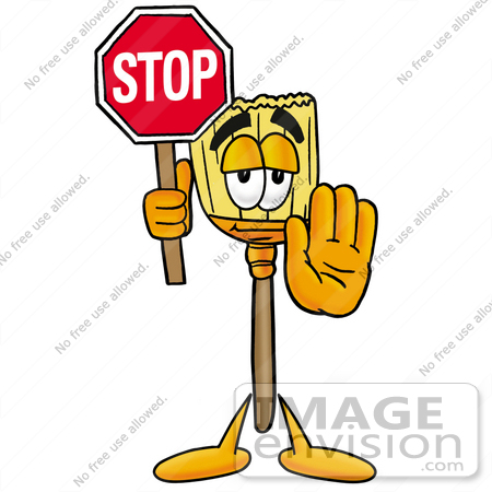 #22647 Clip Art Graphic of a Straw Broom Cartoon Character Holding a Stop Sign by toons4biz
