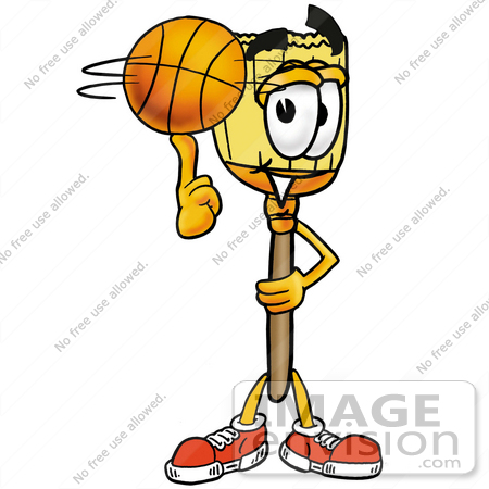 #22648 Clip Art Graphic of a Straw Broom Cartoon Character Spinning a Basketball on His Finger by toons4biz