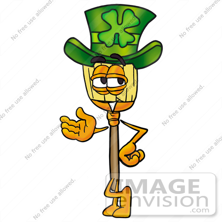 #22649 Clip Art Graphic of a Straw Broom Cartoon Character Wearing a Saint Patricks Day Hat With a Clover on it by toons4biz