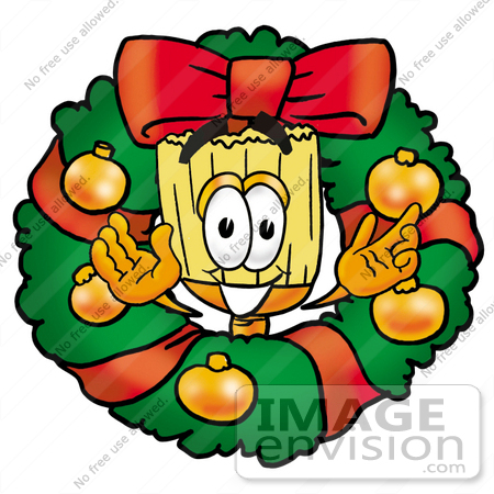 #22651 Clip Art Graphic of a Straw Broom Cartoon Character in the Center of a Christmas Wreath by toons4biz