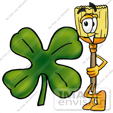#22652 Clip Art Graphic of a Straw Broom Cartoon Character With a Green Four Leaf Clover on St Paddy’s or St Patricks Day by toons4biz