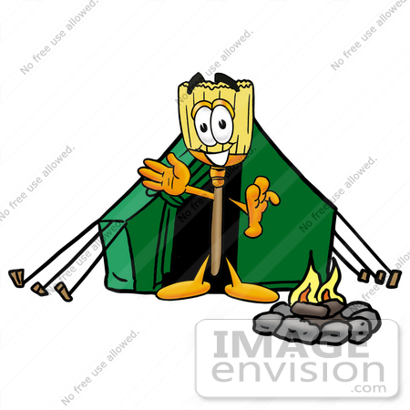 #22654 Clip Art Graphic of a Straw Broom Cartoon Character Camping With a Tent and Fire by toons4biz