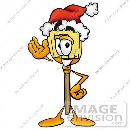 #22656 Clip Art Graphic of a Straw Broom Cartoon Character Wearing a Santa Hat and Waving by toons4biz