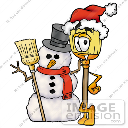 #22658 Clip Art Graphic of a Straw Broom Cartoon Character With a Snowman on Christmas by toons4biz