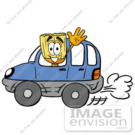 #22659 Clip Art Graphic of a Straw Broom Cartoon Character Driving a Blue Car and Waving by toons4biz
