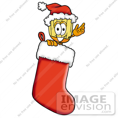 #22660 Clip Art Graphic of a Straw Broom Cartoon Character Wearing a Santa Hat Inside a Red Christmas Stocking by toons4biz