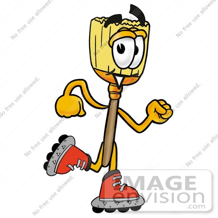 #22663 Clip Art Graphic of a Straw Broom Cartoon Character Roller Blading on Inline Skates by toons4biz