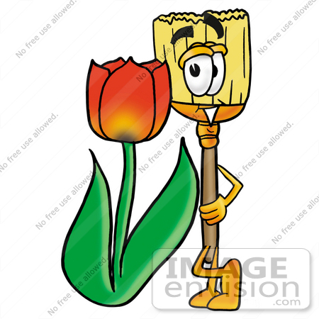 #22667 Clip Art Graphic of a Straw Broom Cartoon Character With a Red Tulip Flower in the Spring by toons4biz