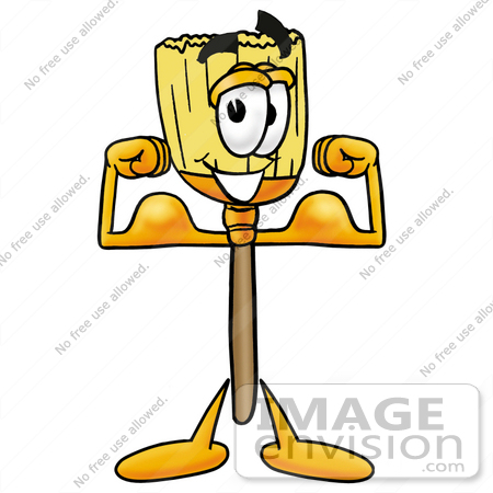 #22670 Clip Art Graphic of a Straw Broom Cartoon Character Flexing His Arm Muscles by toons4biz