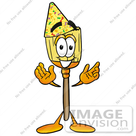 #22671 Clip Art Graphic of a Straw Broom Cartoon Character Wearing a Birthday Party Hat by toons4biz