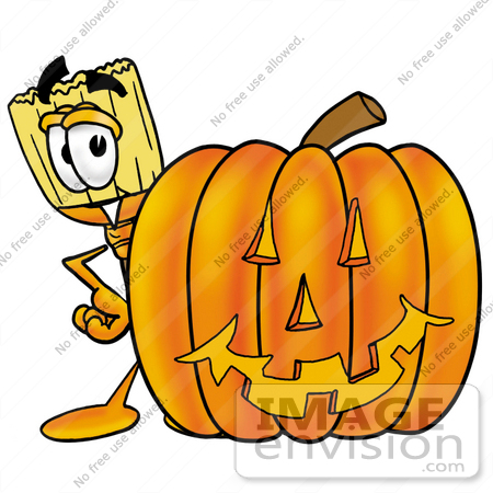 #22672 Clip Art Graphic of a Straw Broom Cartoon Character With a Carved Halloween Pumpkin by toons4biz