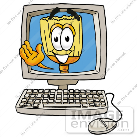 #22674 Clip Art Graphic of a Straw Broom Cartoon Character Waving From Inside a Computer Screen by toons4biz