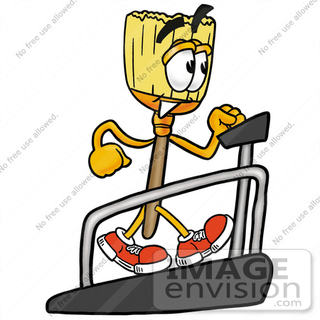 #22676 Clip Art Graphic of a Straw Broom Cartoon Character Walking on a Treadmill in a Fitness Gym by toons4biz