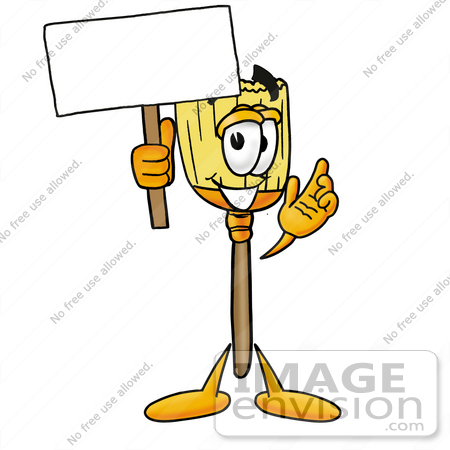 #22679 Clip Art Graphic of a Straw Broom Cartoon Character Holding a Blank Sign by toons4biz