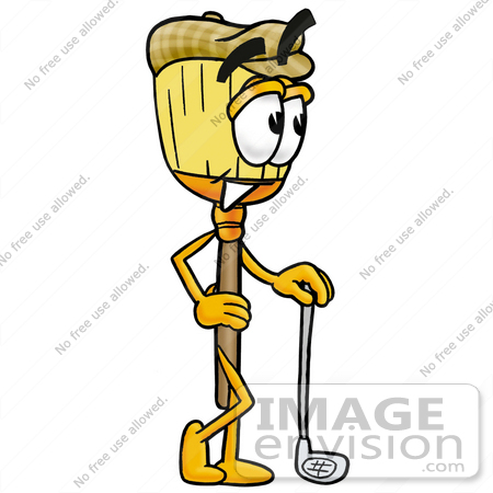 #22680 Clip Art Graphic of a Straw Broom Cartoon Character Leaning on a Golf Club While Golfing by toons4biz