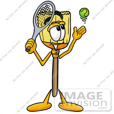 #22681 Clip Art Graphic of a Straw Broom Cartoon Character Preparing to Hit a Tennis Ball by toons4biz