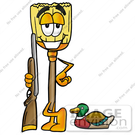 #22682 Clip Art Graphic of a Straw Broom Cartoon Character Duck Hunting, Standing With a Rifle and Duck by toons4biz