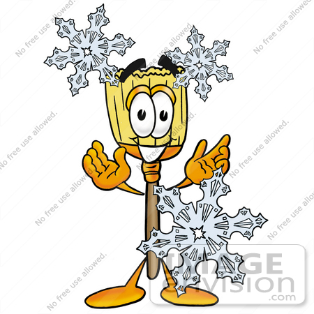 #22683 Clip Art Graphic of a Straw Broom Cartoon Character With Three Snowflakes in Winter by toons4biz