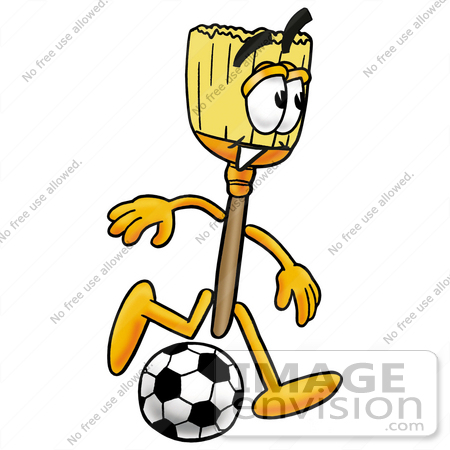#22684 Clip Art Graphic of a Straw Broom Cartoon Character Kicking a Soccer Ball by toons4biz