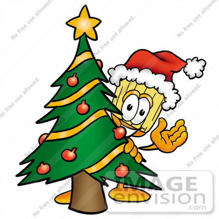 #22687 Clip Art Graphic of a Straw Broom Cartoon Character Waving and Standing by a Decorated Christmas Tree by toons4biz
