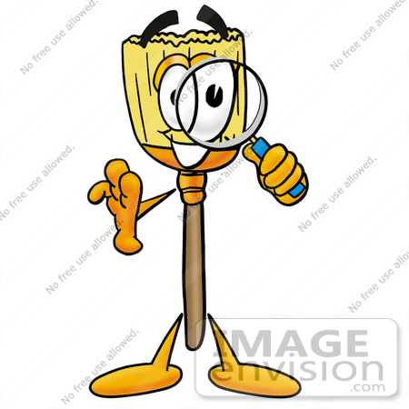 #22690 Clip Art Graphic of a Straw Broom Cartoon Character Looking Through a Magnifying Glass by toons4biz